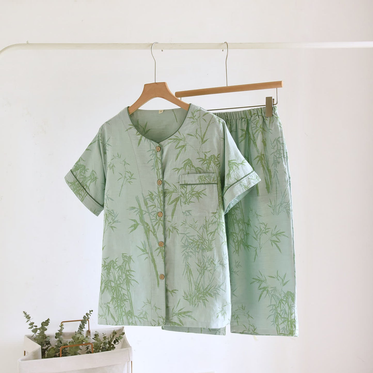 Rural Bamboo Cardigan Pure Cotton Pajama Set - Light Green - XL - image 3