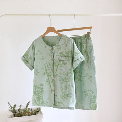 Rural Bamboo Cardigan Pure Cotton Pajama Set - Light Green - XL - image 3