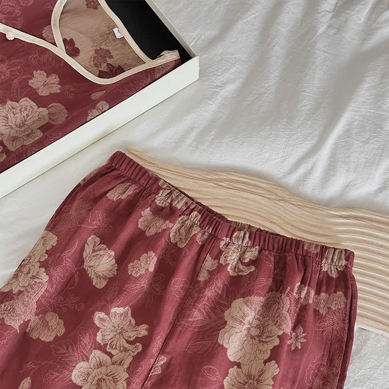 Vintage Floral Cotton Gauze Jacquard Nightwear Set - image 5