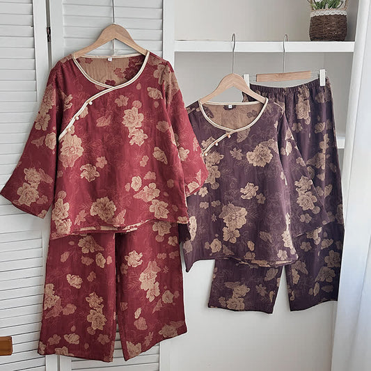 Vintage Floral Cotton Gauze Jacquard Nightwear Set - image 0