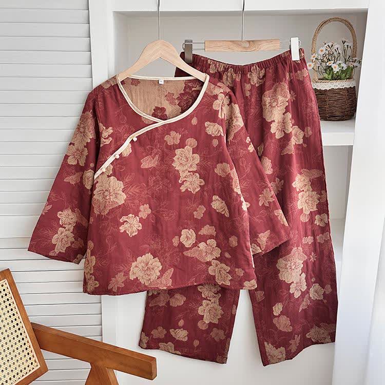Vintage Floral Cotton Gauze Jacquard Nightwear Set - Wine Red - XL - image 1