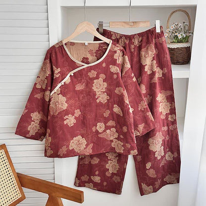 Vintage Floral Cotton Gauze Jacquard Nightwear Set - Wine Red - XL - image 1