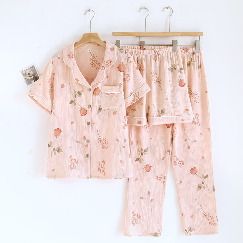 Rural Rose Cardigan Cotton Gauze Pajama Set(3PCS) - XL - image 0