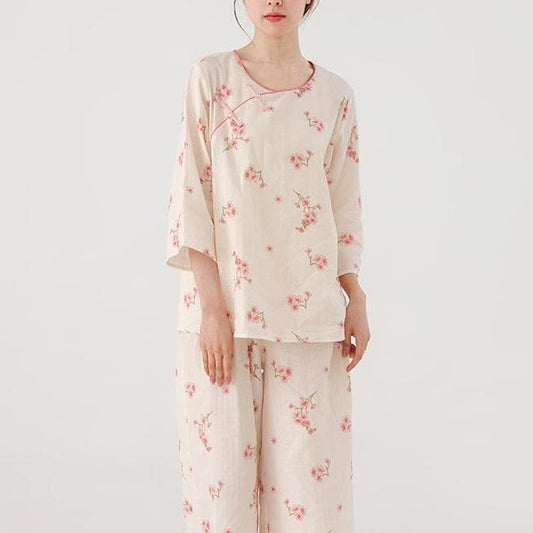 Elegant Plum Blossom Cotton Gauze Nightwear Set - With Frog Buttons - XL - image 0