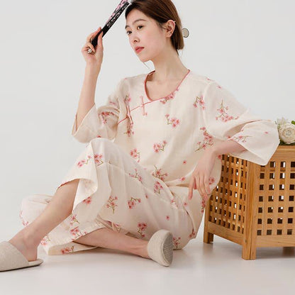 Elegant Plum Blossom Cotton Gauze Nightwear Set - image 1