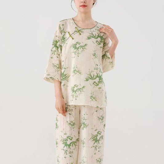 Green Bamboo Cotton Gauze Nightwear Set - With Frog Buttons - XXL - image 0