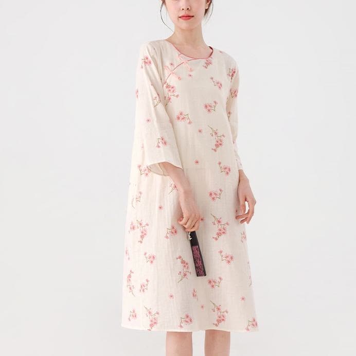 Plum Blossom Cotton Gauze Soft Nightdress - With Frog Buttons - L - image 0