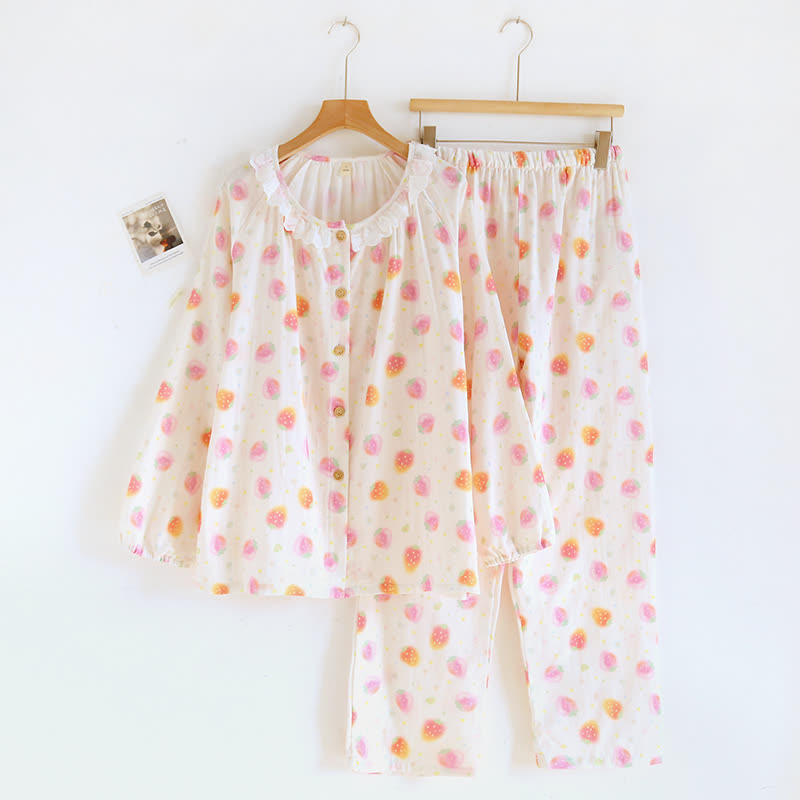 Cotton Gauze Sweet Strawberry Pajama Set - Pink - XL - image 0