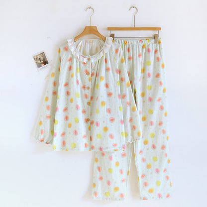 Cotton Gauze Sweet Strawberry Pajama Set - Light Green - XL - image 2