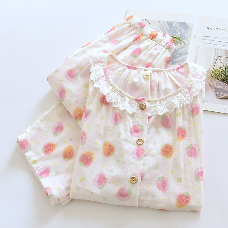 Cotton Gauze Sweet Strawberry Pajama Set - image 1