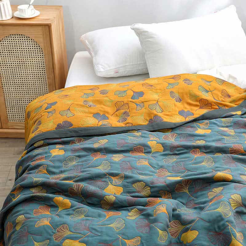 Ginkgo Leaf Pattern Cotton Reversible Quilt - Bluish Gray & Orange - King - Quilt - image 0