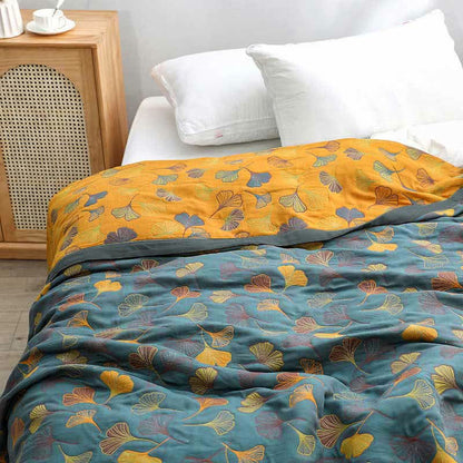 Ginkgo Leaf Pattern Cotton Reversible Quilt - Bluish Gray & Orange - King - Quilt - image 0