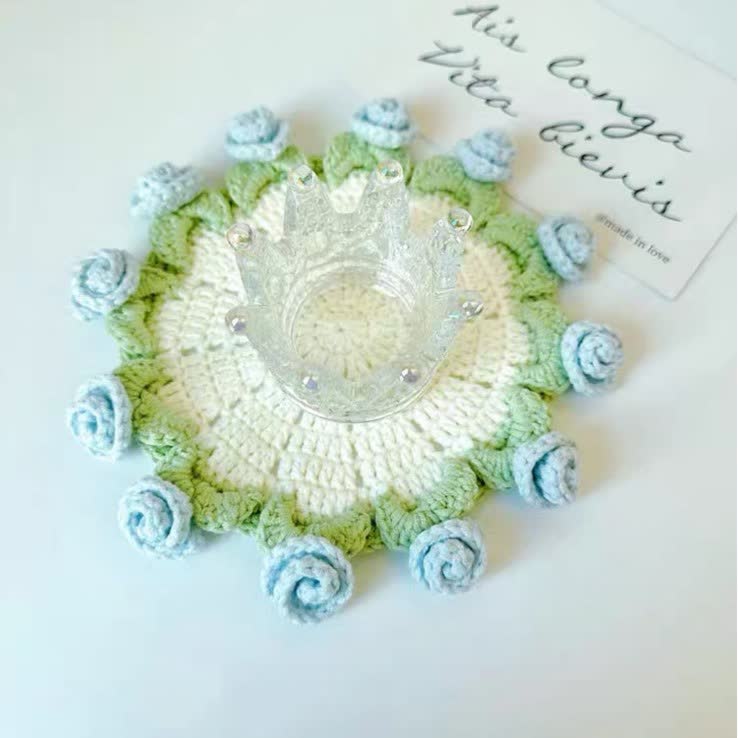 Handmade Rose Bouquet Crochet Coaster - Blue - 5PCS - 4" x 4" - image 9