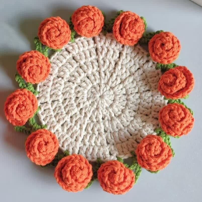 Handmade Rose Bouquet Crochet Coaster - Orange - 5PCS - 4" x 4" - image 6
