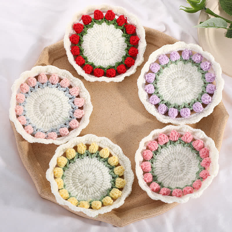 Handmade Rural Tulip Crochet Coaster - Set (5Colors) - 5PCS - 4" x 4" - image 1