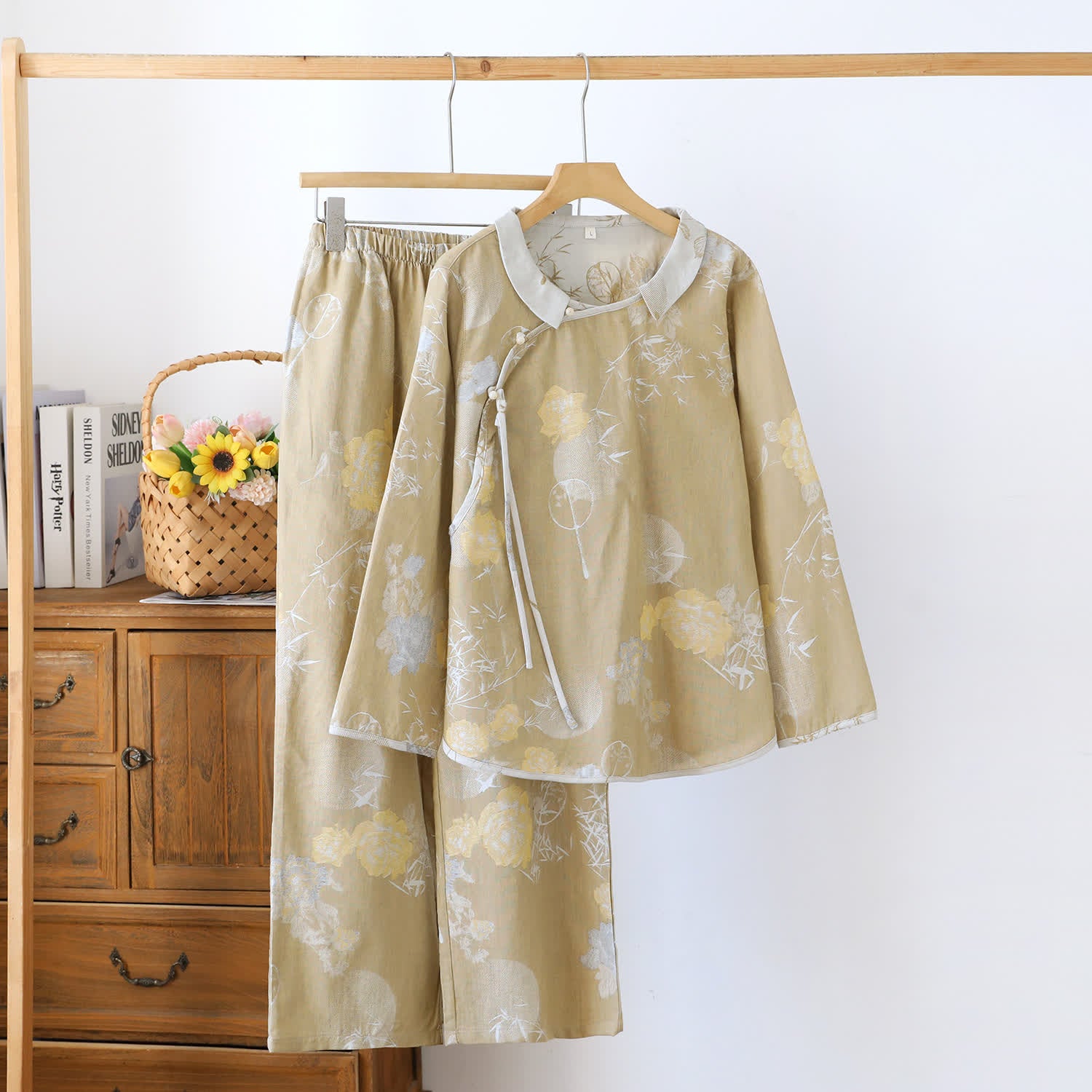 Vintage Floral Bamboo Cotton Pajama Set - Yellow - XXL - image 12