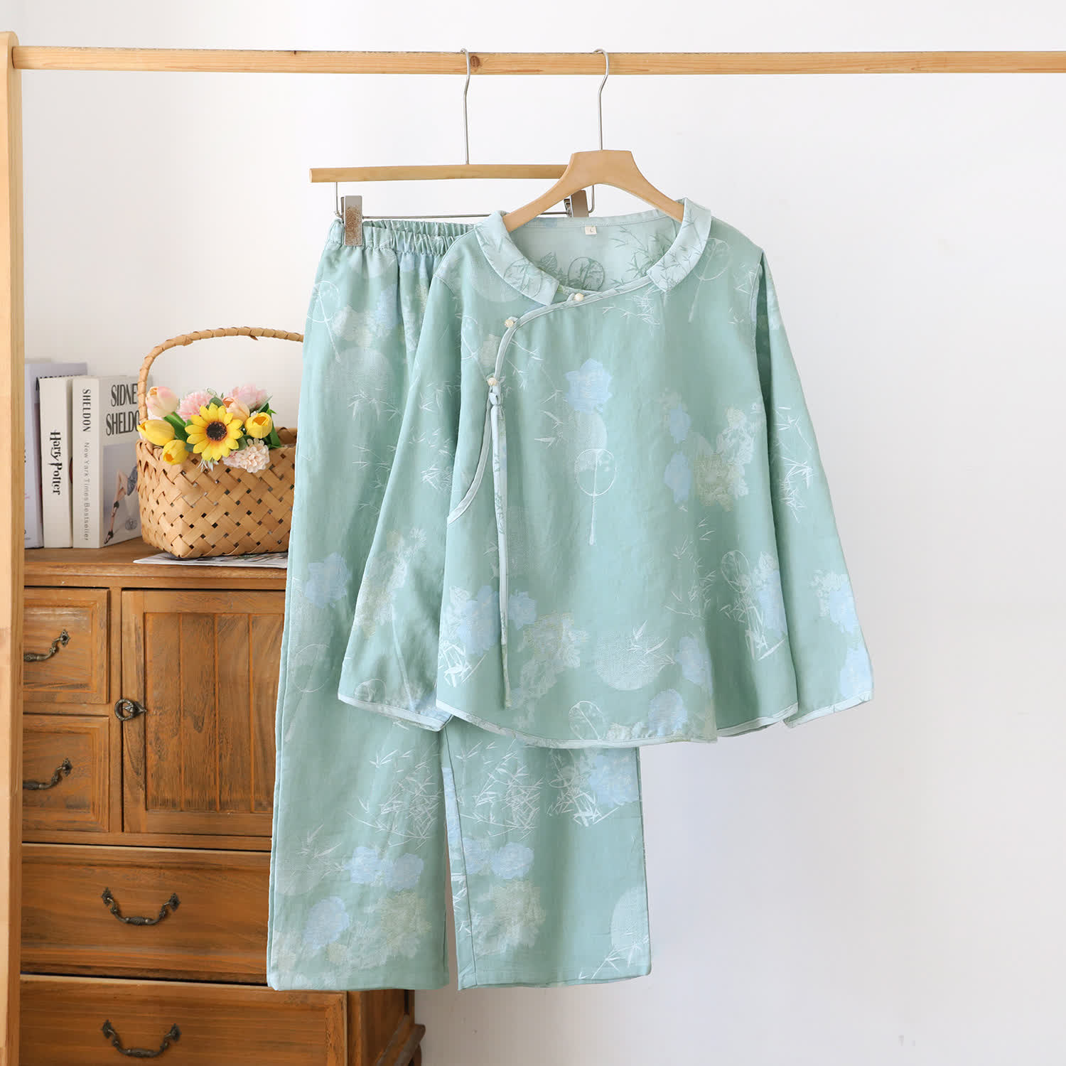 Vintage Floral Bamboo Cotton Pajama Set - Green - XXL - image 13