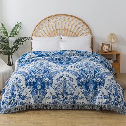 Bohemian Style Cotton Gauze Vine Tassel Quilt - Blue - King - image 0