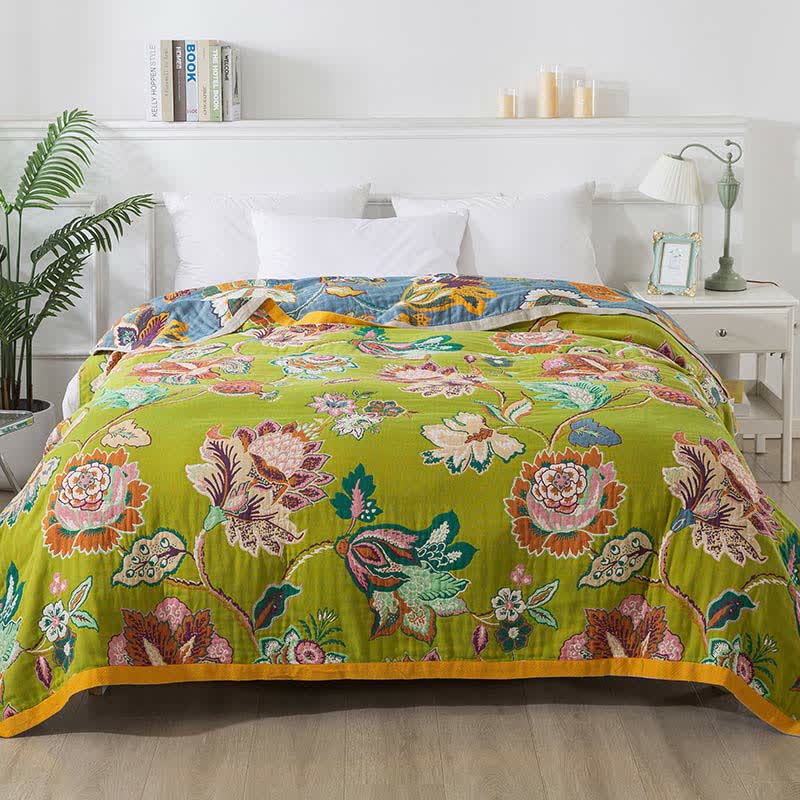 Colorful Floral Cotton Gauze Reversible Quilt - Green&Blue - Queen - image 0