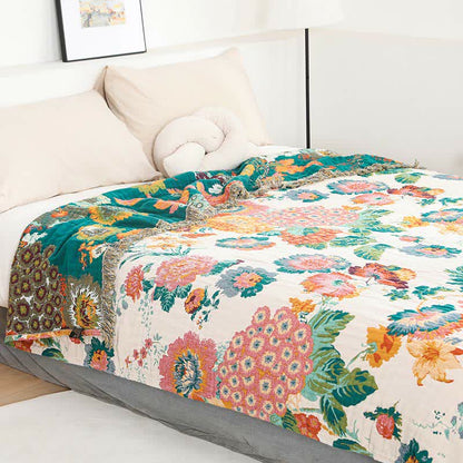 Floral Cotton Multi-Layer Gauze Tassel Reversible Quilt - image 2