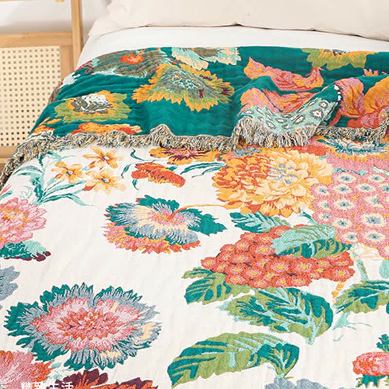 Floral Cotton Multi-Layer Gauze Tassel Reversible Quilt - image 3