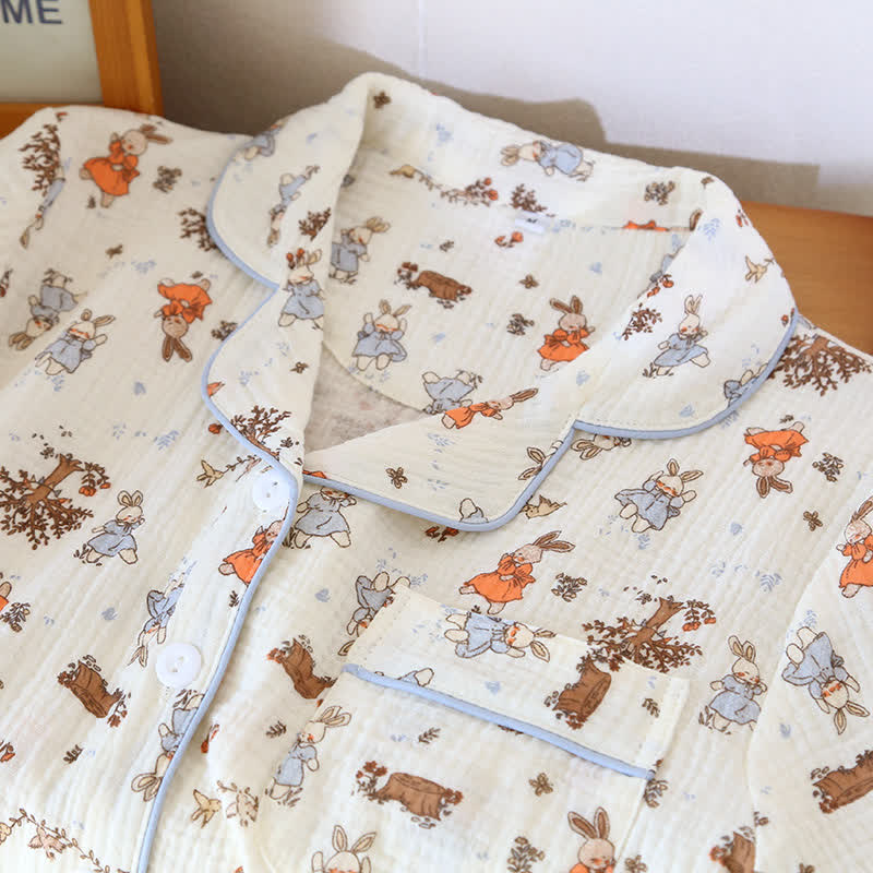 Rabbit Print Cotton Gauze Short Sleeve Loungewear Set - image 3