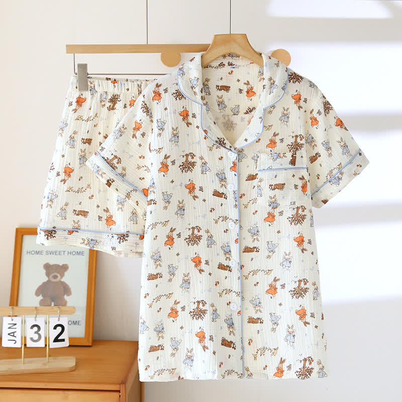 Rabbit Print Cotton Gauze Short Sleeve Loungewear Set - XL - image 0