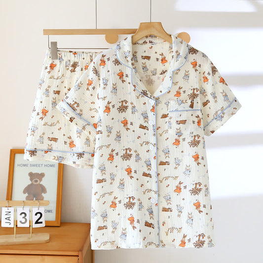 Rabbit Print Cotton Gauze Short Sleeve Loungewear Set - XL - image 0