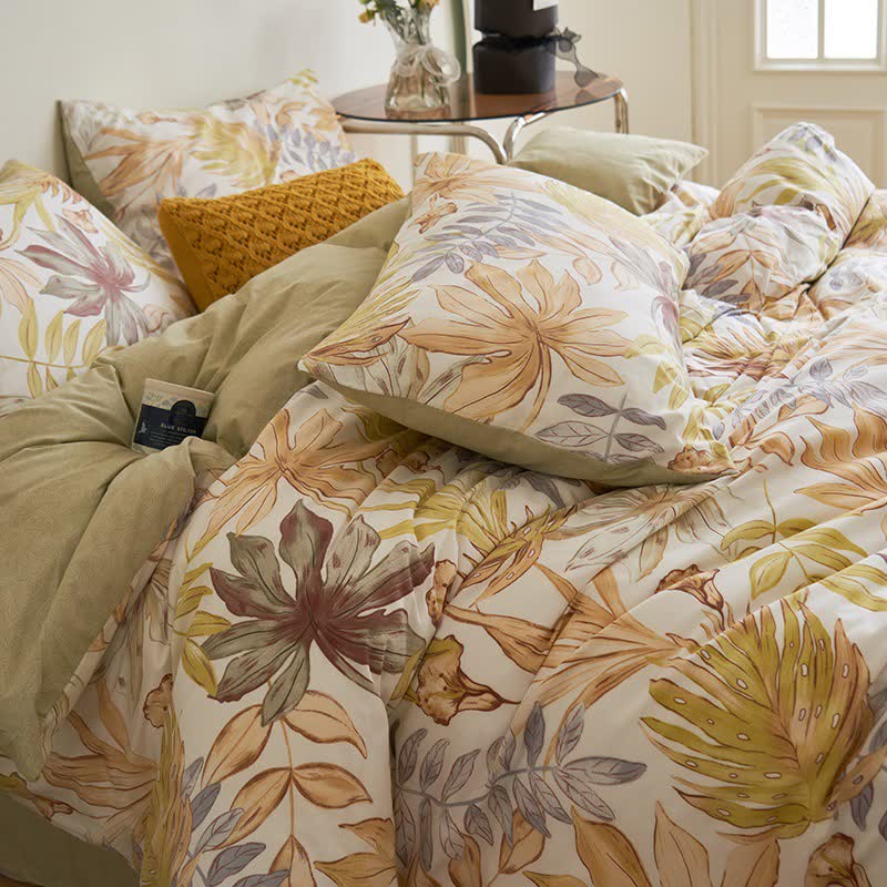 Leaf Print Cotton Sheet Bedding Set(4PCS) - King - image 0