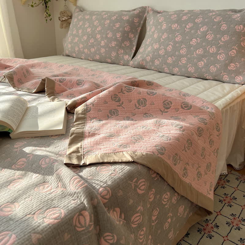 Rose Print Cotton Gauze Reversible Coverlet - Coverlet with 2PCS Pillowcases - Queen - image 0