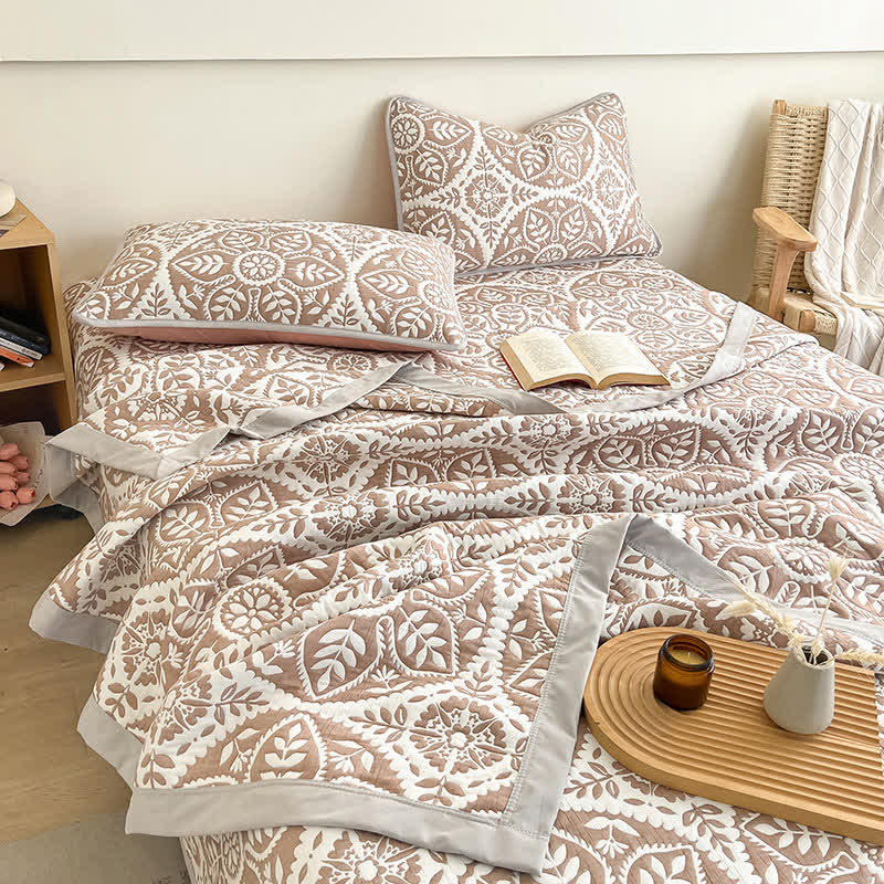 Geometric Leaf Pattern Jacquard Coverlet - Coffee - Coverlet with 2PCS Pillowcases - King - image 0