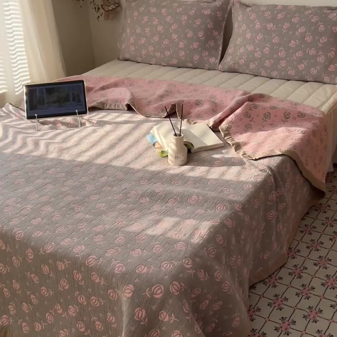 Rose Print Cotton Gauze Reversible Coverlet - image 2