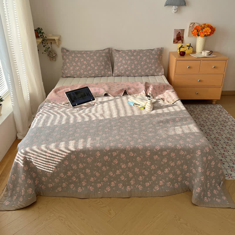 Rose Print Cotton Gauze Reversible Coverlet - image 1