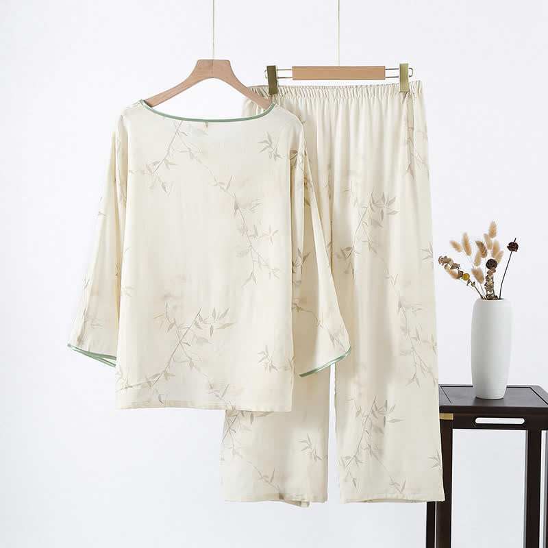 Vintage Bamboo Print Bamboo Fiber Pajama Set - image 1