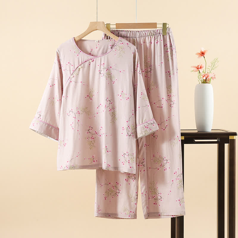 Vintage Plum Blossom Print Bamboo Cotton Pajama Set - Pink - XL - image 2