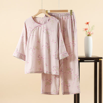 Vintage Plum Blossom Print Bamboo Cotton Pajama Set - Pink - XL - image 2