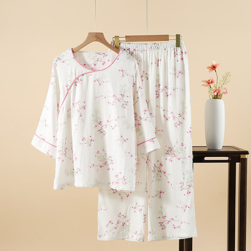 Vintage Plum Blossom Print Bamboo Cotton Pajama Set - Beige - XL - image 3