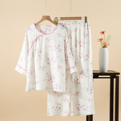 Vintage Plum Blossom Print Bamboo Cotton Pajama Set - Beige - XL - image 3