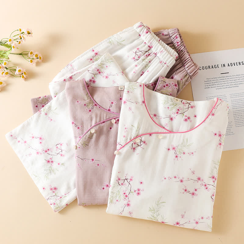 Vintage Plum Blossom Print Bamboo Cotton Pajama Set - image 1