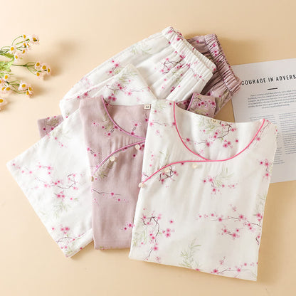 Vintage Plum Blossom Print Bamboo Cotton Pajama Set - image 1