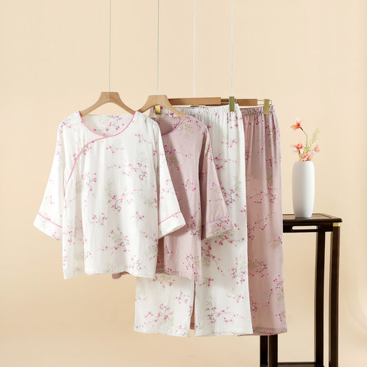 Vintage Plum Blossom Print Bamboo Cotton Pajama Set - image 0