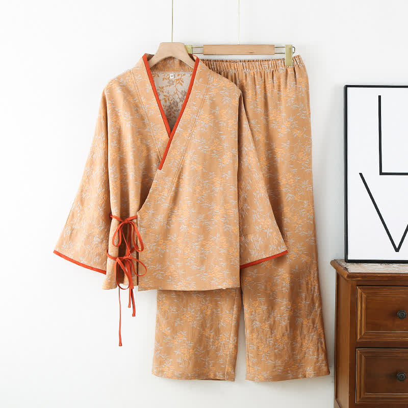 Vintage Cotton Gauze Loose Tie Loungewear Set - Coffee - XL - image 3