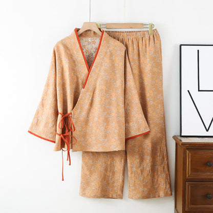 Vintage Cotton Gauze Loose Tie Loungewear Set - Coffee - XL - image 3