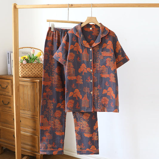 Cotton Vintage Pine Jacquard Short Sleeve Loungewear Set - XXL - image 0