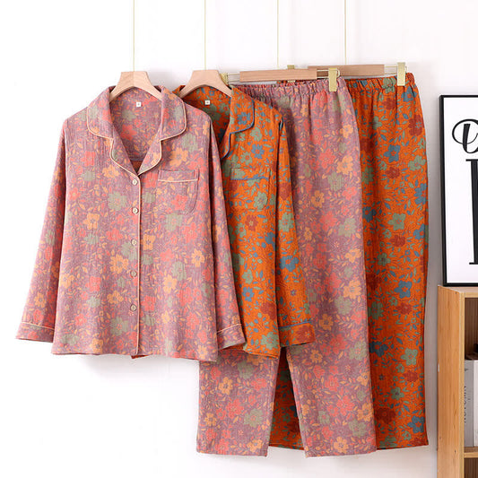 Retro Floral Cotton Gauze Cardigan Pajama Set - image 0