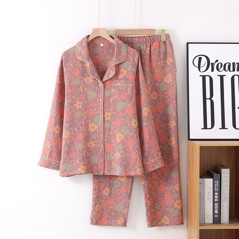 Retro Floral Cotton Gauze Cardigan Pajama Set - Pink - L - image 2