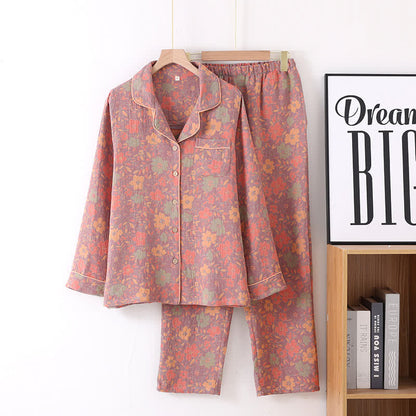 Retro Floral Cotton Gauze Cardigan Pajama Set - Pink - L - image 2