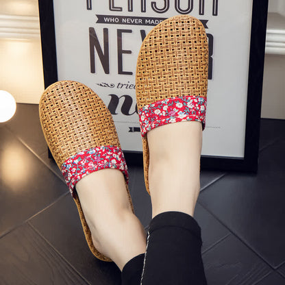Rattan Woven Elegant Floral House Slippers - Red - L - image 3