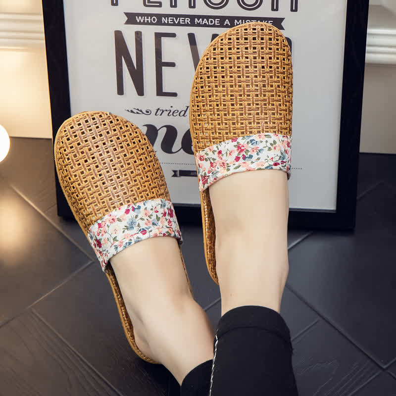 Rattan Woven Elegant Floral House Slippers - White - L - image 6