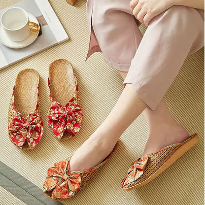 Rattan Woven Linen Bow-knot House Slippers - image 0